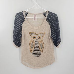 Anthropologie Mauve tan & polka dot owl shirt sz S